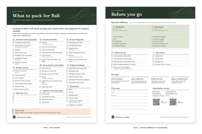 Front and back preview of the printable Bali packing checklist: a packing list covering footwear, health and sun, swim, beach and temple gear and tropical clothing, plus dry and wet season additions, pro tips, trip notes and QR codes to the Bali travel guide and reading list.