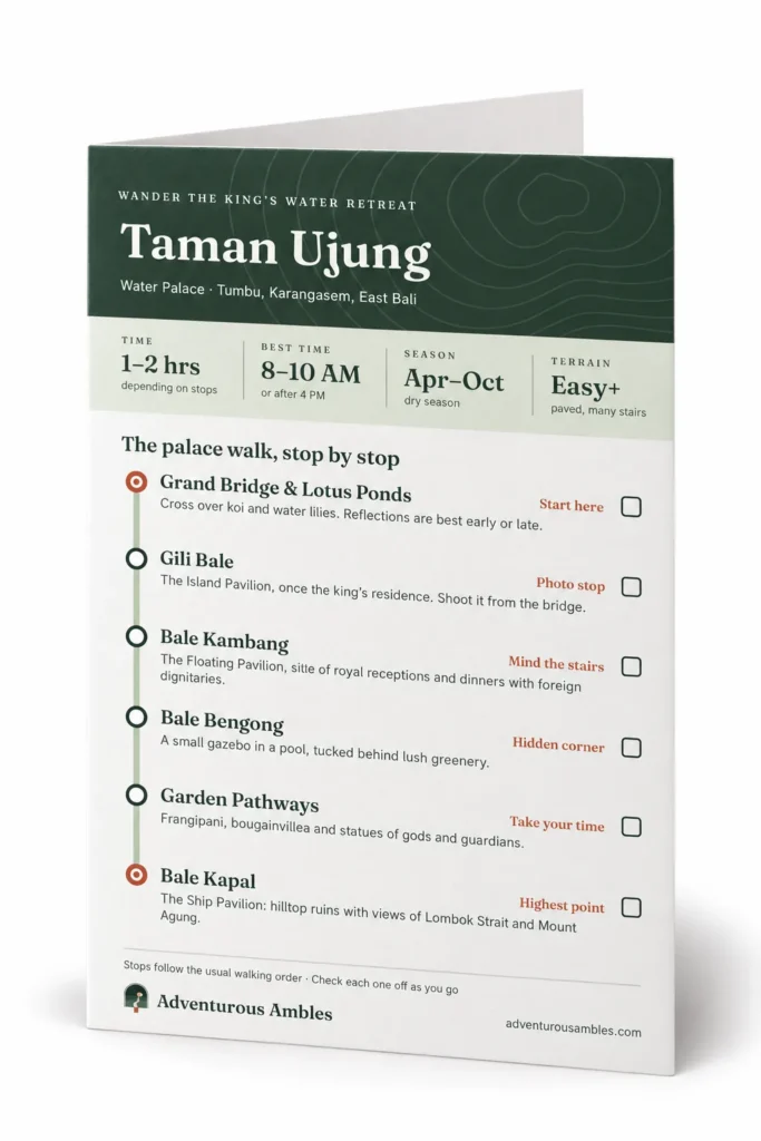 Taman Ujung Water Palace printable walking tracker with six stops, East Bali