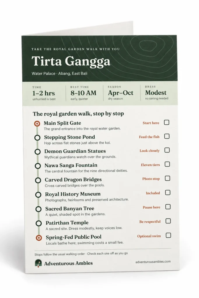 Tirta Gangga Water Palace printable royal garden walk tracker with nine stops, East Bali