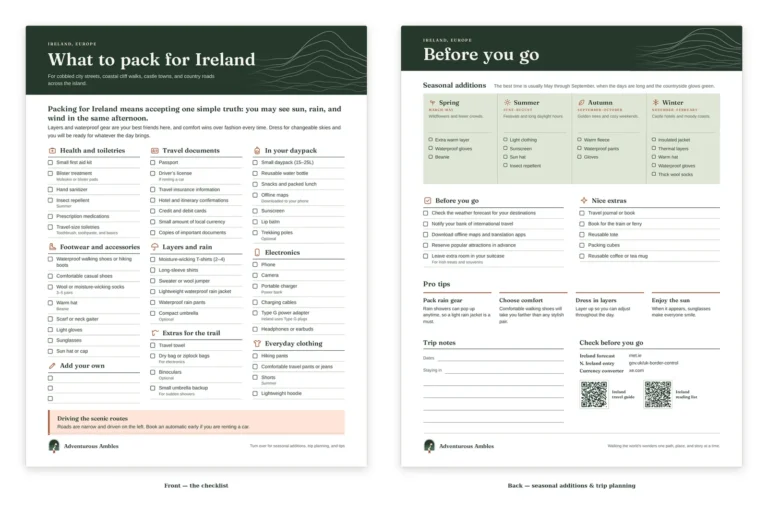 Front and back preview of the printable Ireland packing checklist: a packing list covering health and toiletries, footwear, travel documents, layers and rain gear, plus seasonal additions, pro tips, trip notes and QR codes to the Ireland travel guide and reading list.