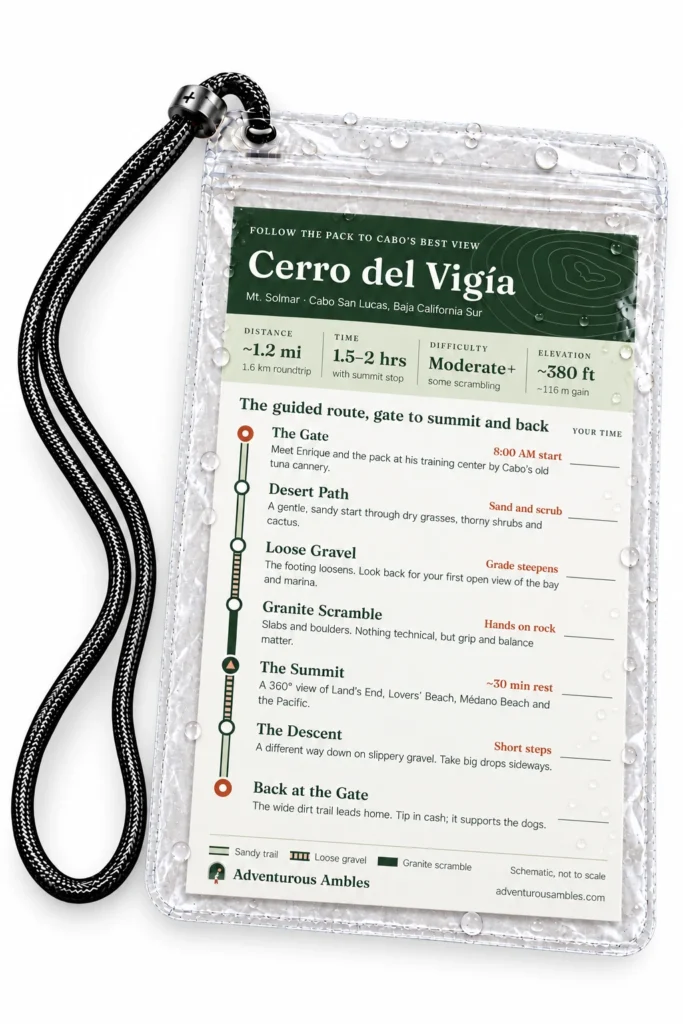 Cerro del Vigía hiking route card for Cabo San Lucas: 1.2-mile guided hike with 380 ft of gain, from the gate through desert path, loose gravel and granite scramble to a 360° summit view.