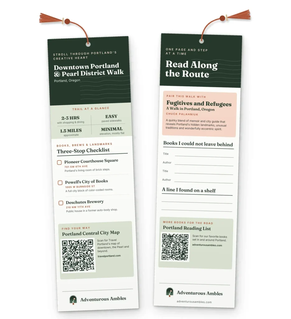 Two printable Adventurous Ambles bookmarks for the Downtown Portland and Pearl District walk: a three-stop checklist with Pioneer Courthouse Square, Powell's City of Books and Deschutes Brewery, and a reading log paired with Chuck Palahniuk's Fugitives and Refugees