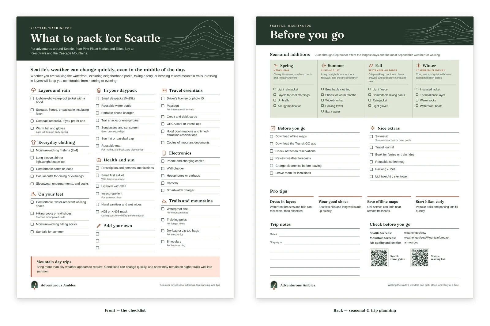 Front and back of the printable Seattle packing checklist: a categorized packing list on the front, and seasonal additions, trip notes and QR codes to the Seattle travel guide and reading list on the back